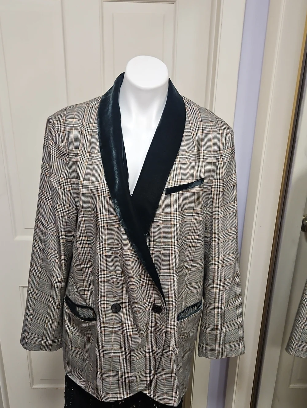 Free People Fall Autumn Plaid Shawl Collar Blazer with Black Trim